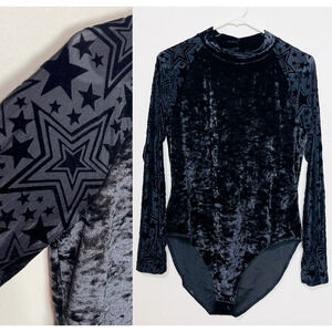 Wavy Teens Misses Body Suit Velvet Star Printed Long‎ Sleeve Bodysuit XL Black